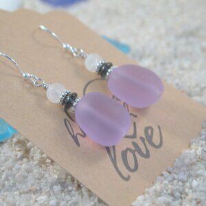 Handmade Purple Sea Glass Beaded Dangle Pierced or Clip-on Earrings